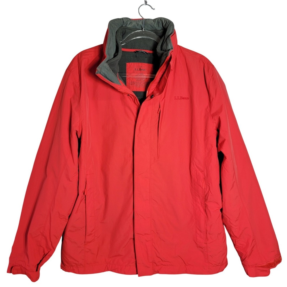 Mens LL Bean Red Fleece Lined Waterproof Winter Jacket Size Large Packable Hood - Picture 1 of 7